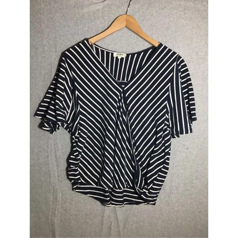 Womens Umgee Blouse Navy Blue White Stripes Twist Front Flowy Sleeve Casual